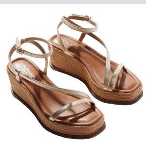 Chico's Metallic Gold Strappy Espadrille Wedge Sandals